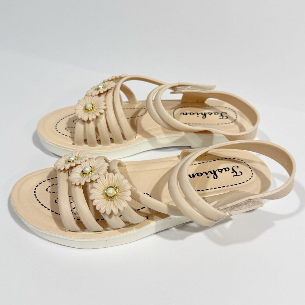 Girls PVC Sandals Size 12 Beige Floral Pearl Non-Slip Summer Shoes Hook & Loop - Picture 14 of 16